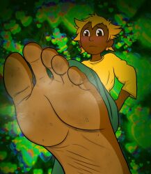 androgynous annoyed annoyed_expression barefoot blush brown_eyes censored dark-skinned_female dark_skin dirty_feet feet female foot_fetish foot_focus gggggg green_pants hearts highres mosaic_censoring one_foot_raised pants short_hair smelly_feet sole spiritfarer stella_(spiritfarer) stinky_feet sweat sweaty sweaty_feet thunder_lotus_games toes tomboy yellow_blouse yellow_hair