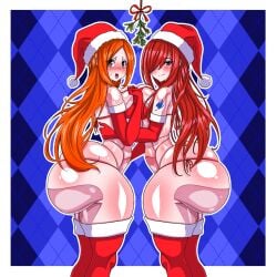 2girls armwear ass ass_bigger_than_head big_ass big_breasts big_butt bikini bleach bottom_heavy breast_to_breast breasts bubble_butt christmas clothing crossover curvaceous curvy curvy_figure dat_ass de_kurayami dumptruck_ass erza_scarlet fairy_tail female female_only grey_eyes hair_over_one_eye huge_ass inoue_orihime legwear long_hair looking_at_viewer micro_bikini mistletoe mostly_nude orange_hair red_eyes red_hair shounen_jump side_view slim_waist stockings tagme thick_thighs voluptuous voluptuous_female wide_hips