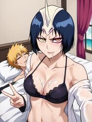 1boy 1girls after_sex ai_generated bed bikini bleach cum_on_breasts emilou_apacci female guy_tired_after_sex_(meme) kurosaki_ichigo meme victory_pose