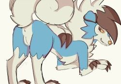 2022 anus aries_(bloowolfy) bloowolfy blue_body blue_fur female feral fur generation_7_pokemon genitals humanoid_genitalia humanoid_pussy lycanroc midnight_lycanroc nintendo pink_background pokemon pokemon_(species) pussy simple_background smile solo