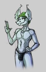 alien antennae_(anatomy) anthro apollo_caelum bulge clothing dragon half-length_portrait hand_on_hip headgear jockstrap looking_at_viewer male mythological_creature mythological_scalie mythology portrait scalie smug solo standing tookiecookies underwear