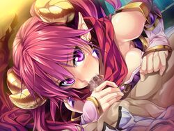 1boy 1girls armodias blush breasts censored demon_girl demon_horns ear_ornament elbow_gloves fellatio female game_cg gloves grimoire_no_shisho horns long_hair marushin_(denwa0214) penis pink_hair pointy_ears purple_eyes scarf succubus