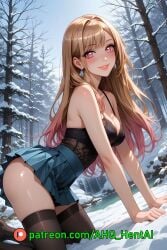 ahq_hentai ai_generated black_bra blush breasts forest gyaru kitagawa_marin my_dress_up_darling on_all_fours skirt smile snow stable_diffusion stockings underwear