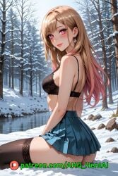 ahq_hentai ai_generated ass black_bra blush breasts forest gyaru kitagawa_marin my_dress_up_darling sitting skirt smile snow stable_diffusion stockings underwear