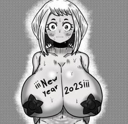 black_and_white body_writing breasts digital_drawing doujinshi fanart fanart_from_twitter large_breasts manga my_hero_academia nervious new_year new_year_2025 ochako_uraraka pasties star_pasties