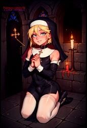 1boy ai_generated blonde_hair boots bulge bulge_through_clothing femboy flat_chest ilfb kneeling looking_at_viewer praying religion short_hair solo tagme thighhighs trap