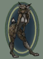 absurd_res anthro bobcat breasts brown_body brown_fur cheek_tuft facial_tuft felid feline female fur green_body green_eyes green_fur hair hi_res long_hair lynx mammal markings navel nipples pinup pose short_tail solo spots spotted_body spotted_fur tail thehatredburrito tuft tufted_ears