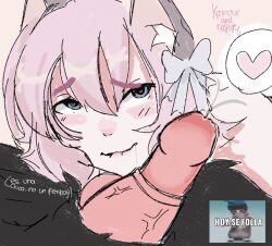 biting_lip blue_eyes chile first_porn_of_character furry hair_ornament hispanic_youtuber karfour light_skin looking_at_viewer loquendo loquendo_youtuber penis pink_hair spanish_text