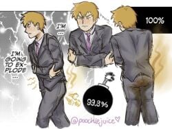 about_to_defecate arataka_reigen blonde_hair blonde_hair_male business_attire business_man business_suit desperate desperation dialogue fart fart_cloud fart_fetish male male_focus messing nervous nervous_sweat reigen_arataka scat scat scat_desperation shart sharting shitting shitting_self smell smelly_ass soiling soiling_clothing soiling_pants soiling_underwear solo_male stained_clothes suit suit_and_tie text