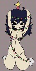 1girls :3 arms_behind_head artist_self-insert big_breasts blush_stickers brown_eyes christmas christmas_tree cosmichannah dark_hair hannah_(cosmichannah) mammoplasty_scar nude ornaments simple_background solo tongue_out trans_woman transfem wink