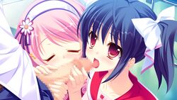 16:9 1boy 2girls blue_hair blush censored closed_eyes collaborative_fellatio collarbone double_fellatio double_handjob game_cg handjob hasegawa_yukino iinazuke_wa_imouto-sama! long_hair mosaic_censoring multiple_fellatio multiple_girls penis pink_hair red_eyes teamwork two-handed_handjob usami_haruka_(iinazuke_wa_imouto-sama!) usami_yuuna