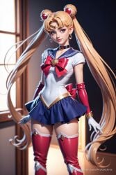 1girls ai_generated artist_name bishoujo_senshi_sailor_moon blonde_hair blue_eyes blue_sailor_collar blue_skirt boots bow breasts choker circlet covered_navel crescent crescent_earrings double_bun earrings elbow_gloves gloves hair_bun hair_ornament hi_res jewelry leotard lips long_hair looking_at_viewer magical_girl miniskirt patreon_username pleated_skirt progenarts red_bow red_choker red_footwear red_thighhighs sailor_collar sailor_moon sailor_senshi_uniform skirt solo standing thighhighs tsukino_usagi twintails usagi_tsukino very_long_hair web_address white_gloves