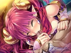 1boy 1girls armodias blush breasts censored closed_eyes demon_girl demon_horns ear_ornament elbow_gloves fellatio female game_cg gloves grimoire_no_shisho horns long_hair marushin_(denwa0214) penis pink_hair pointy_ears scarf succubus