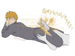 anonymous_character arataka_reigen ass ass_grab blonde_hair blonde_hair_male business_man business_suit face_in_ass facefart facefarting fart fart_cloud fart_fetish farting farting_in_face farting_on_face feet_holding_head feet_on_head grey_pants male male_fart male_focus mob_psycho_100 onomatopoeia smug smug_face suit