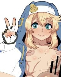 1girls balls blue_eyes breasts bridget censor_bar female guilty_gear lovelasu peace_sign penis small_breasts tagme