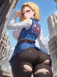 ai_generated android_18 ass bangs belt black_legwear black_pantyhose blonde_hair blue_eyes blue_jacket blue_skirt blue_sky blush breasts building cameltoe closed_mouth clothing cloud cowboy_shot day denim denim_jacket denim_skirt dragon_ball dragon_ball_z earrings female female female_only forehead from_behind high_resolution huge_ass jacket jewelry large_breasts legwear lips long_sleeves looking_at_viewer looking_back miniskirt nipples no_bra outdoors pants pantyhose parted_bangs patreon_username ruins see-through shiny shirt short_hair skirt sky smile solo standing thick_thighs thighs torn_clothes torn_legwear torn_pantyhose vest white_shirt yuyumiai