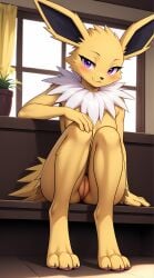 1girls 2025 ai_generated anthro bedroom_eyes blushing breasts curvy_figure eeveelution female female_only generation_1_pokemon hi_res indoors innie_pussy jolteon looking_at_viewer nintendo nude nude_female plump_labia pokemon pokemon_(species) purple_eyes pussy sitting smile white_fur yellow_fur