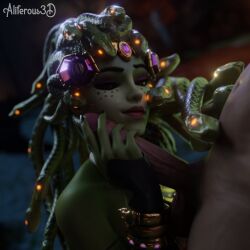 1boy 1girls 3d aliferous blizzard_entertainment erection female green_skin male medusa_widowmaker overwatch penis widowmaker