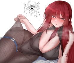 0ha 1boy 1girls big_breasts blush clothed fishnets gregor_(limbus_company) grey_eyes limbus_company long_hair looking_at_viewer open_mouth pantyhose project_moon red_hair sweat thick_thighs tie yuri_(limbus_company)