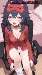 1girls ai_generated anime anime_style asian bangs bed belt_collar black_hair blue_eyes blush bow bow_panties breasts bust busty chair choker cleavage clothing collar collarbone crossed_bangs east_asian female female_focus female_only female_solo hair_between_eyes heart heart-shaped_pupils hentai hi_res high_quality high_resolution highres indoors large_breasts long_hair long_sleeves looking_at_viewer loose_socks mask mask_on_head medium_breasts messy_hair miside mita_(miside) natsuyoru no_pants office_chair on_bed on_chair open_mouth pajamas panties pantsu patreon pillow purple_eyes red_choker red_collar red_shirt shirt sitting sleep_mask sleepy_mita_(miside) socks solo solo_female striped striped_shirt swivel_chair symbol-shaped_pupils teeth thighs tongue tongue_out underwear upper_teeth_only voluptuous voluptuous_female white_panties white_socks wooden_floor