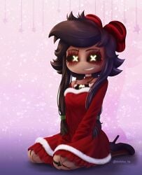 bow christmas_outfit cute cyn_(murder_drones) cyntessa_(murder_drones) delisha_lia dress high_heels kneeling looking_at_viewer tan_skin thights