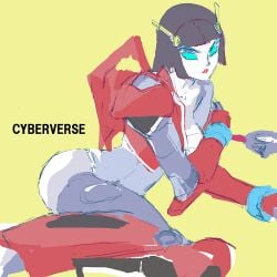 autobot bare_ass blue_eyes defeated defeated_female defeated_heroine dropping_object fembot hasbro looking_at_viewer lying_on_side medium_breasts red_lipstick retractable_wings robot_girl sword swordsman transformers transformers_cyberverse undressing_self windblade