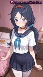 1girls ahoge ai_generated anime anime_style bangs bed bedroom black_hair black_skirt blue_eyes blue_hair blue_neckerchief blue_scrunchie blush breasts bust busty choker closed_mouth clothing collar collarbone cookie cowboy_shot crazy_mita_(miside) female female_focus female_only food hair_ornament hair_scrunchie hairband hairclip hentai hi_res high_quality high_resolution highres indoors lamp long_hair looking_at_viewer low_twintails medium_breasts miside mita_(miside) natsuyoru neckerchief on_bed pantyhose parted_bangs patreon pillow plate pleated_skirt red_choker red_hairband sailor_collar sailor_uniform school_uniform scrunchie serafuku shirt short_sleeves skirt solo solo_female standing sweatdrop thighband_pantyhose twintails voluptuous voluptuous_female white_legwear white_pantyhose white_shirt