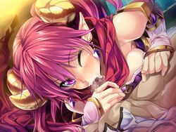 1boy 1girls armodias blush breasts censored cum cum_in_mouth demon_girl demon_horns ear_ornament elbow_gloves fellatio female game_cg gloves grimoire_no_shisho horns long_hair marushin_(denwa0214) penis pink_hair pointy_ears purple_eyes scarf succubus