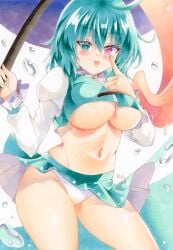 1girls big_breasts breasts busty clothes_lift eyelid_pull female female_only green_eyes green_hair heterochromia highres kogasa_tatara large_breasts legs looking_at_viewer midriff navel panties pantyhose pantyshot red_eyes sensual short_hair skirt skirt_lift smile solo tatara_kogasa thick_thighs thighs tongue tongue_out touhou traditional_media umbrella underboob underwear voluptuous