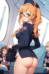 ai_generated ass blue_eyes cum_on_ass flight_attendant freckles ginger glasses mile_high_club orange_hair tongue_out uniform