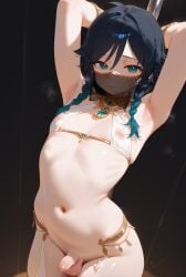 1boy ai_generated armpits arms_behind_head commission curvy face_veil femboy genshin_impact gomes harem_outfit jewelry looking_at_viewer male pole_dancing self_upload shy simple_background small_penis solo steaming stomach testicles uncut venti_(genshin_impact)