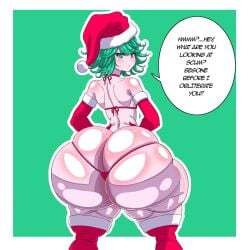 1girls armwear ass ass_bigger_than_head ass_cleavage ass_focus big_ass big_butt bikini bottom_heavy bubble_butt butt_crack christmas clothing curvaceous curvy curvy_figure de_kurayami dialogue english_text female female_only flat_chest green_eyes green_hair huge_ass hyper_ass legwear looking_at_viewer looking_back looking_back_at_viewer micro_bikini mostly_nude one-punch_man pear_shaped solo solo_female stockings tagme talking_to_viewer tatsumaki text thick_thighs threatening voluptuous voluptuous_female wide_hips