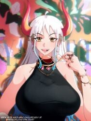 bare_arms bare_shoulders big_breasts blush clothed clothing color female female_focus female_only hi_res horns large_breasts light-skinned_female light_skin long_hair looking_at_viewer one_piece opalisart shounen_jump solo_female tagme thick_thighs white_hair yamato_(one_piece)