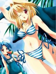 2girls arcueid_brunestud ariko_youichi ass_visible_through_thighs bikini blonde_hair breasts breasts cleavage clothes_writing emotionless_female hairbow huge_breasts inflatable_toy kagetsu_tohya large_breasts len_(tsukihime) neutral_expression one-piece_swimsuit popsicle red_eyes smile striped striped_bikini sweat sweatdrop swimsuit tsukihime type-moon winking_at_viewer