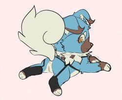 2022 anus aries_(bloowolfy) bloowolfy blue_body blue_fur canid canine clothed clothing female feral fur generation_7_pokemon genitals humanoid_genitalia humanoid_pussy mammal nintendo pink_background pokemon pokemon_(species) pussy rockruff simple_background smile solo