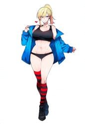 abs ai_generated blonde_female blonde_hair blonde_hair blue_eyes blue_jacket bra etta_thuringen_(hismajestyii) hismajestyii light-skinned_female light_skin novelai panties scantily_clad sports_bra stockings striped_stockings toned toned_female