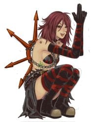 1girls belt black_footwear borrowed_character clothed cultist-chan elbow_gloves female finger_gun kancho looking_at_viewer pagansp1der red_eyes red_hair sharp_teeth shoulder_spikes showgirl_skirt small_breasts solo spikes squatting thigh_boots thighhighs warhammer_(franchise) warhammer_40k wink