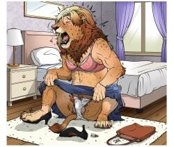anatomically_correct anatomically_correct_genitalia anatomically_correct_penis animal_genitalia animal_penis balls bedroom black_lips bra brown_body brown_fur brown_hair bulge closed_eyes clothed clothed_feral clothing erection felid feline_genitalia feline_penis feral footwear ftm_transformation fur gender_transformation genitals growth hair hi_res high_heels human_to_feral inside kaeku lion lips male mammal mane mid_transformation pantherine panties penile_spines penis purse sharp_teeth shoes solo species_transformation teeth transformation underwear upskirt