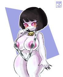 alien alien_girl big_breasts black_hair blushing_at_viewer cow_print knome_chan moonix_xero sling_bikini white_skin