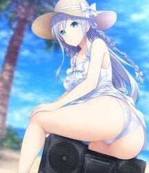 ai_generated ass ass_shake blue_eyes boombox date_a_live dress grey_hair hair hat long_hair medium_breasts panties sundress takamiya_mio twerk twerking white_dress