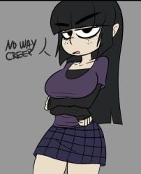 angry annoyed black_hair comet0ne emo emo_girl freckles hands_on_breasts large_breasts looking_at_viewer maggie_(the_loud_house) nickelodeon pale_skin plaid_skirt purple_skirt shirt skirt text the_loud_house