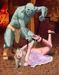 azog_the_defiler blue_eyes captured captured_heroine crown elf female galadriel green_skin long_hair lord_of_the_rings medium_breasts monster mostly_nude_female open_mouth orc orc_male pink_dress sharp_ears silver_hair slave solo_female synthean