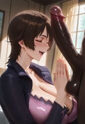 1boy 1girls ai_generated breasts brown_hair cleavage closed_eyes cock_worship dark-skinned_male female happy_female interracial large_breasts male milf mommy penis prayer_hands praying shiori_tsuzuki smile witchblade