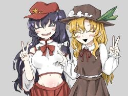 2girls belly belly_button big_breasts black_hair blonde_female blonde_hair blush blushing breast_squeeze breasts clothed fully_clothed hat headwear hi_res highres jacket_girl_(dipp) junerain label_girl_(dipp) peace_sign smile touhou v yuri