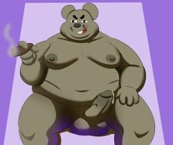 2025 anthro balls belly big_belly bodily_fluids cartoon_network erection frankie_watterson genital_fluids genitals grey_body hi_res jazziseqing jking1200 male mammal moobs mouse murid murine nipples overweight overweight_male penis precum rodent sitting smoking solo the_amazing_world_of_gumball