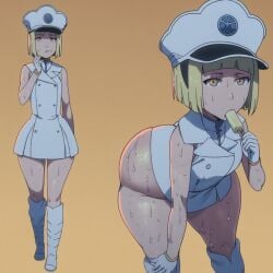 ai_generated ass ass_focus ass_up big_ass big_butt bleach bleach:_the_thousand-year_blood_war blonde_hair bubble_ass bubble_butt dress fat_ass fat_butt female female_only liltotto_lamperd looking_at_viewer massive_ass massive_butt massive_thighs military_hat military_uniform sweat sweaty_ass thick_ass thick_thighs yellow_eyes zeca997