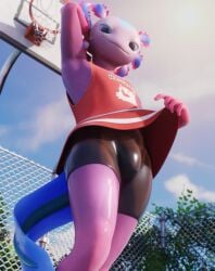 1boy axo_(fortnite) axolotl basketball_hoop basketball_uniform black_shorts blue_tail bulge epic_games fortnite hand_behind_head lifting_up_shirt looking_at_viewer looking_down_at_viewer male male_only revealing_penis shorts solo solo_male weiss_nsfw