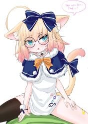 1boy 2025 blonde_hair catgirl cowgirl_position duo english_text female glasses green_skin looking_at_viewer minikomew pov ritspi sitting_on_lap speech_bubble talking_to_viewer vedal987 virtual_youtuber vtuber