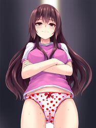 blush bow_panties breasts brown_eyes brown_hair cameltoe crossed_arms female highres john_doe_shinobu legs long_hair looking_at_viewer medium_breasts panties simple_background smile solo standing strawberry_panties sweat thighs underwear