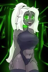 bright bright_colors bright_eyes bright_pupils clothed clothing cyberpunk:_edgerunners cyberpunk_(series) cyberpunk_2077 dominant dominant_female glowing glowing_eyes glowing_markings green_collar green_eyes grey_body grey_skin happy happy_female hazbin_hotel jo-el_(retzhuko) leaning leaning_forward long_hair long_sleeves naked oc original_character pov pov_eye_contact retzhuko_(artist) sharp_eyelashes smile smiling smiling_at_viewer tight tight_pussy white_eyes white_hair white_nails